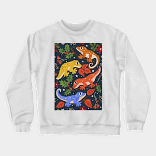 Colourful Christmas Geckos with Holly on Dark Blue Crewneck Sweatshirt